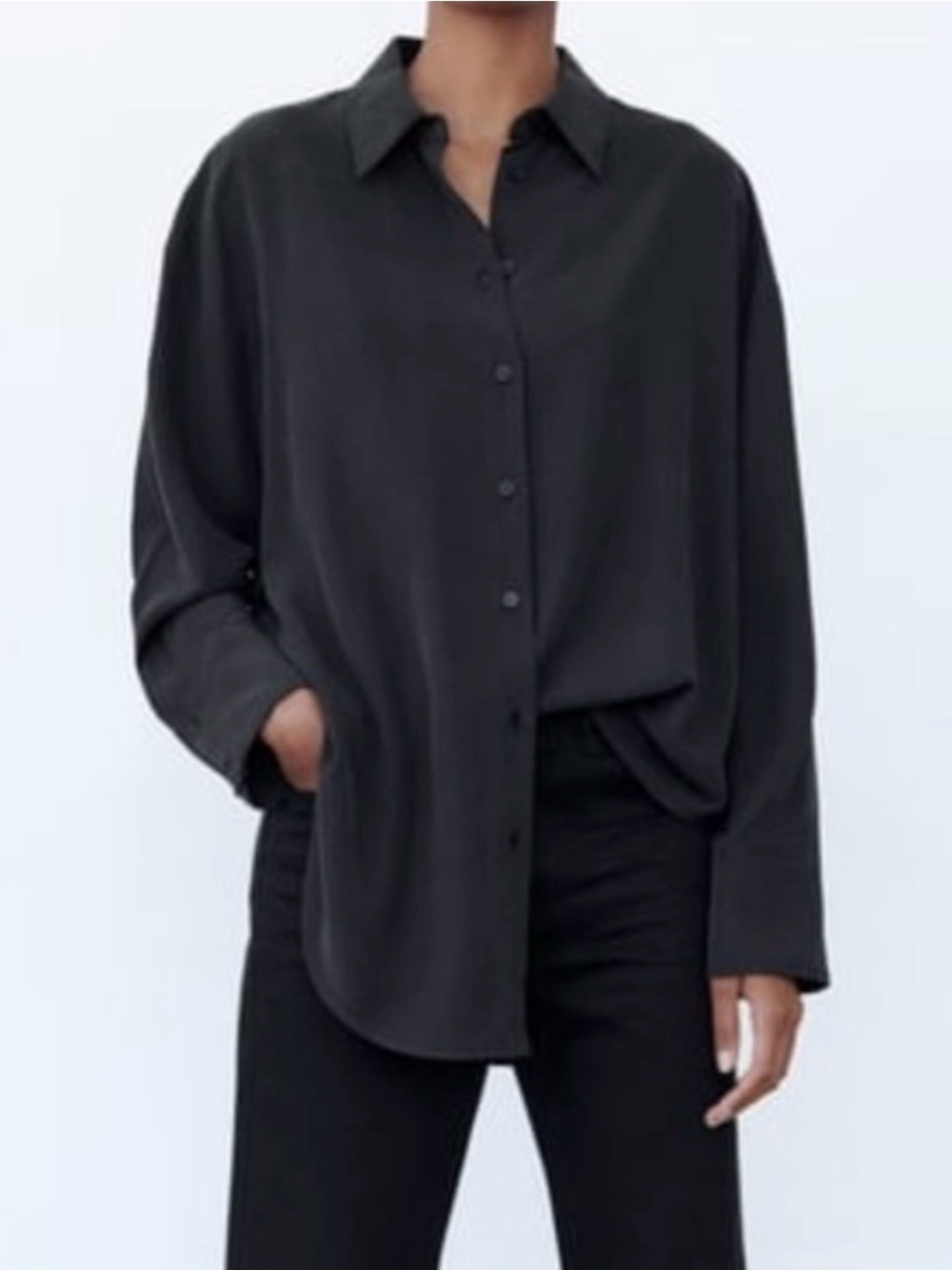 Zara Oversized Satin Black Button-Up Shirt